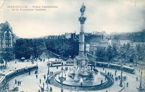 Place Castellane et la Fontaine Cantini, avec les longues rames de tramways 1905