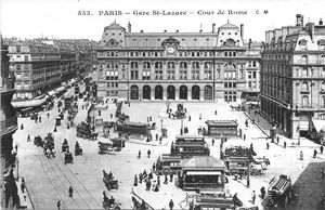 Anciens transports devant la gare St Lazare 1900
